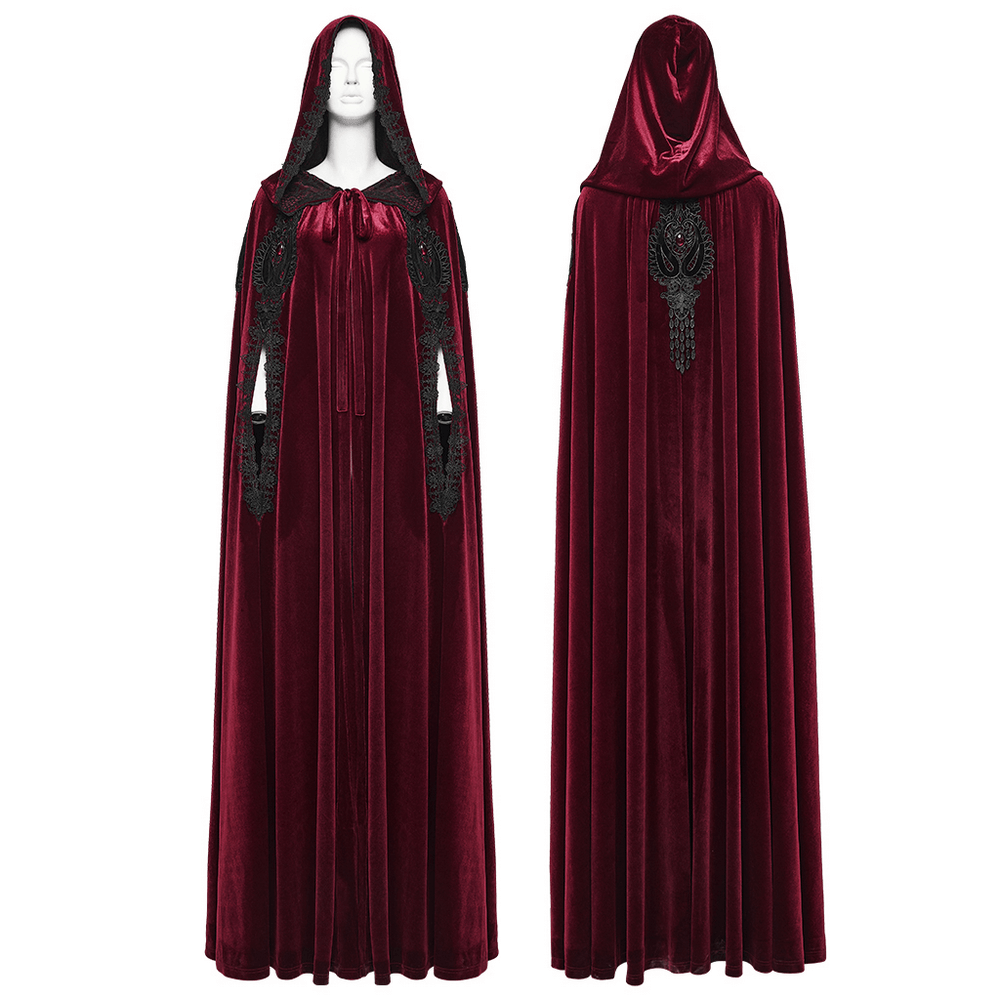 Gothic Red Velvet Hooded Cloak with Black Lace Trim displayed from the front and back, featuring intricate lace details.