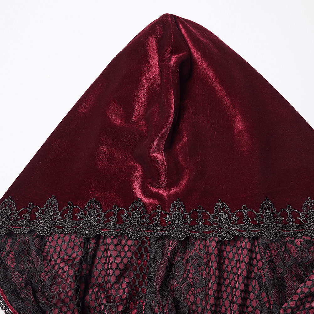 Gothic Red Velvet Hooded Cloak with Black Lace Trim featuring elegant lace detail on the hood.