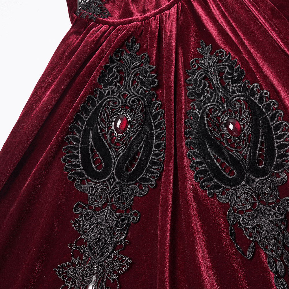 Gothic Red Velvet Hooded Cloak with Black Lace Trim featuring intricate embroidered appliqués and gemstone accents.