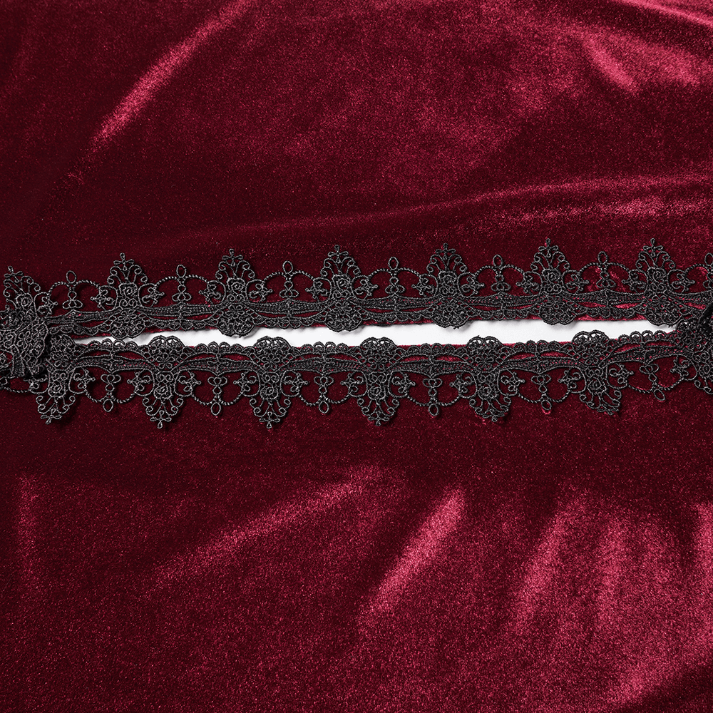 Gothic Red Velvet Hooded Cloak with Black Lace Trim displaying intricate lace detail.
