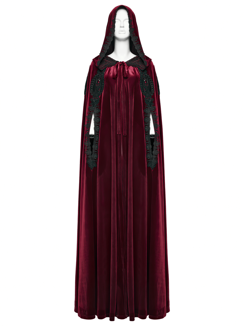 Gothic Red Velvet Hooded Cloak with Black Lace Trim elegantly displayed on a mannequin.