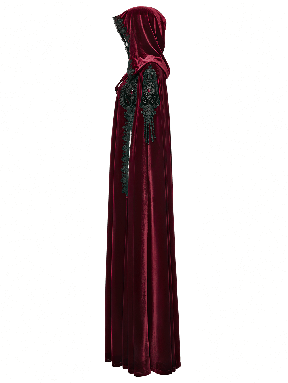Gothic Red Velvet Hooded Cloak with Black Lace Trim featuring elegant lace appliques and a luxurious hood design.