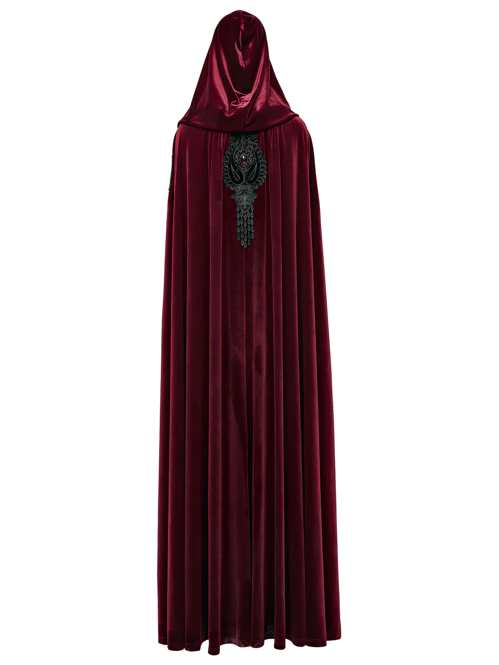 Gothic Red Velvet Hooded Cloak with Black Lace Trim featuring embroidered appliqués and a lace-lined hood.