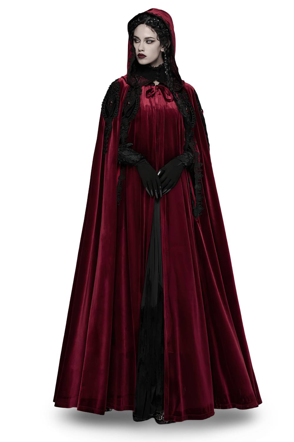 Gothic Red Velvet Hooded Cloak with Black Lace Trim worn by a model, showcasing elegance and style.