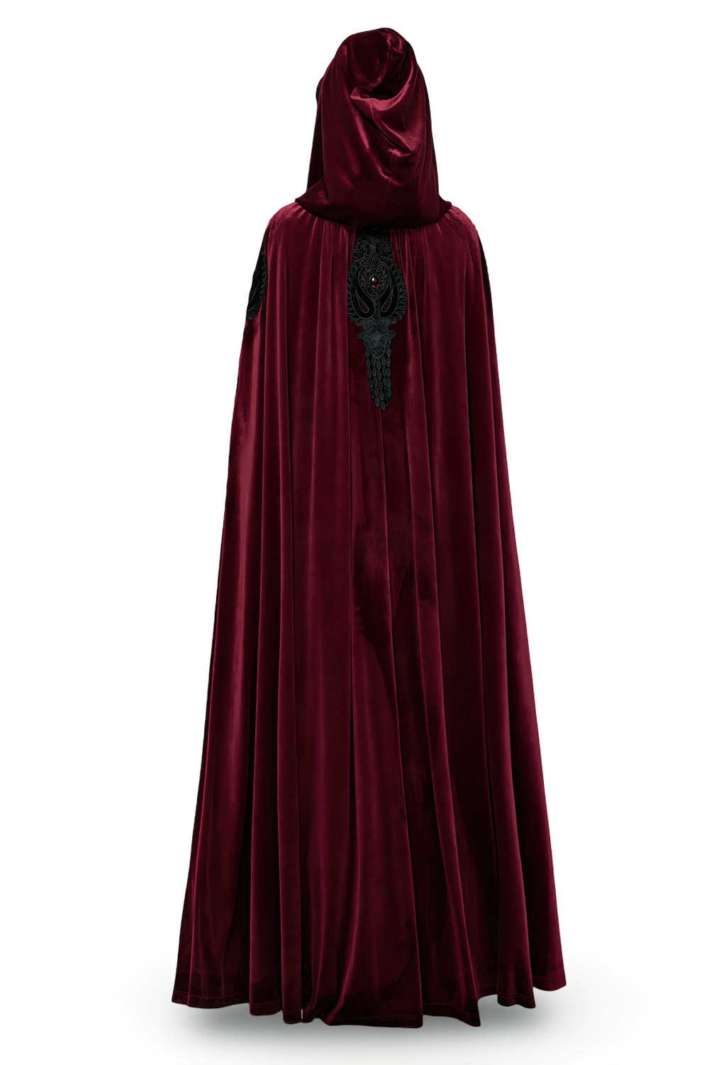 Gothic Red Velvet Hooded Cloak with Black Lace Trim showcasing luxurious velvet and intricate lace details.