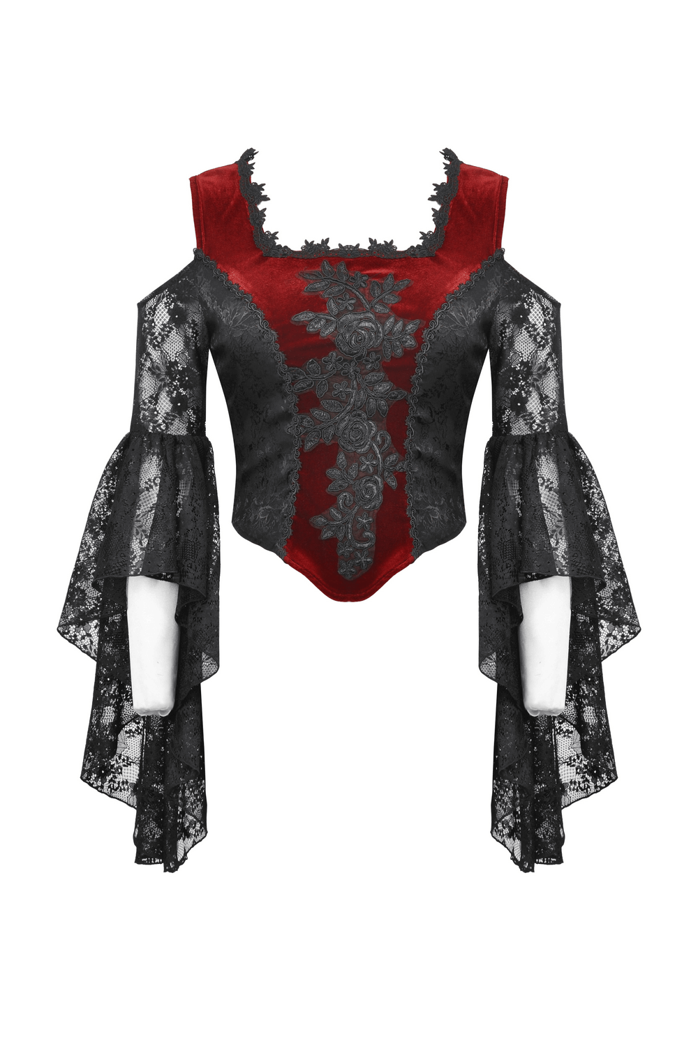 Gothic red velvet off-shoulder top with lace sleeves, perfect for Victorian-inspired fashion.