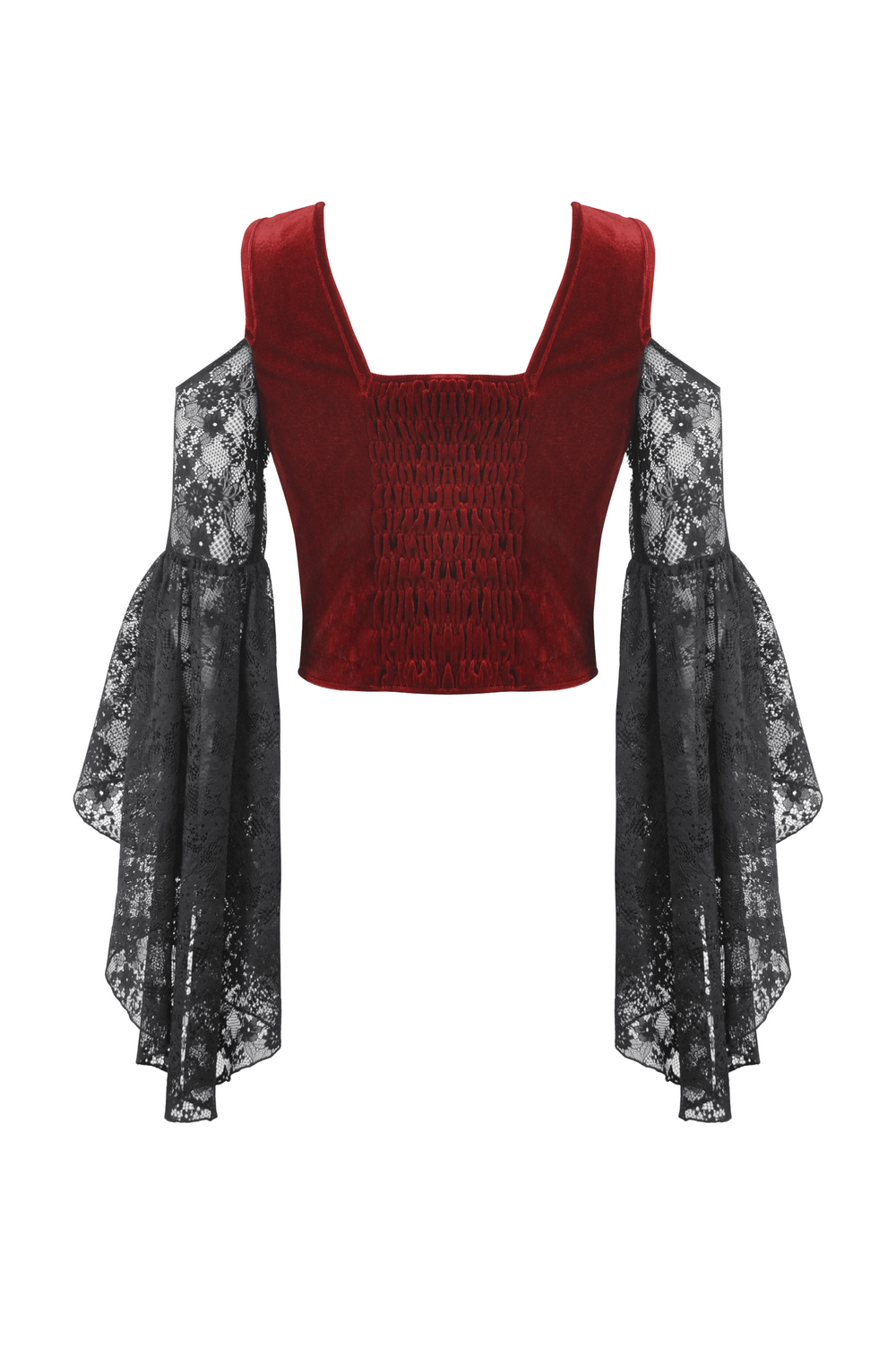 Gothic red velvet off-shoulder top with lace sleeves, perfect for Victorian-inspired fashion.