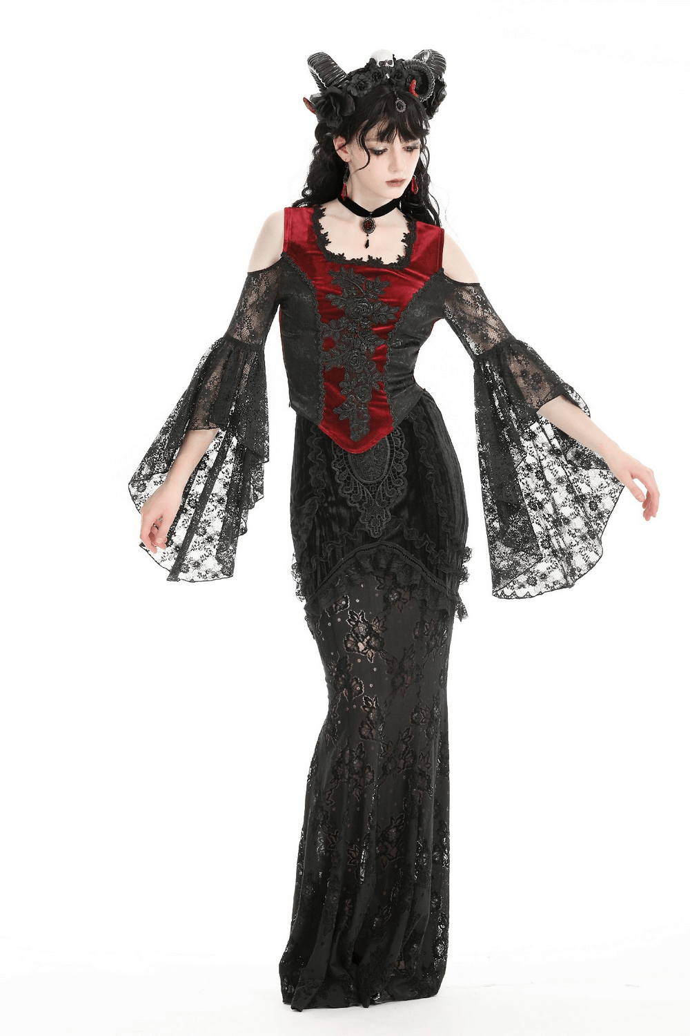 Gothic red velvet lace sleeve off-shoulder top, Victorian-inspired elegance with rich fabric and bold design.