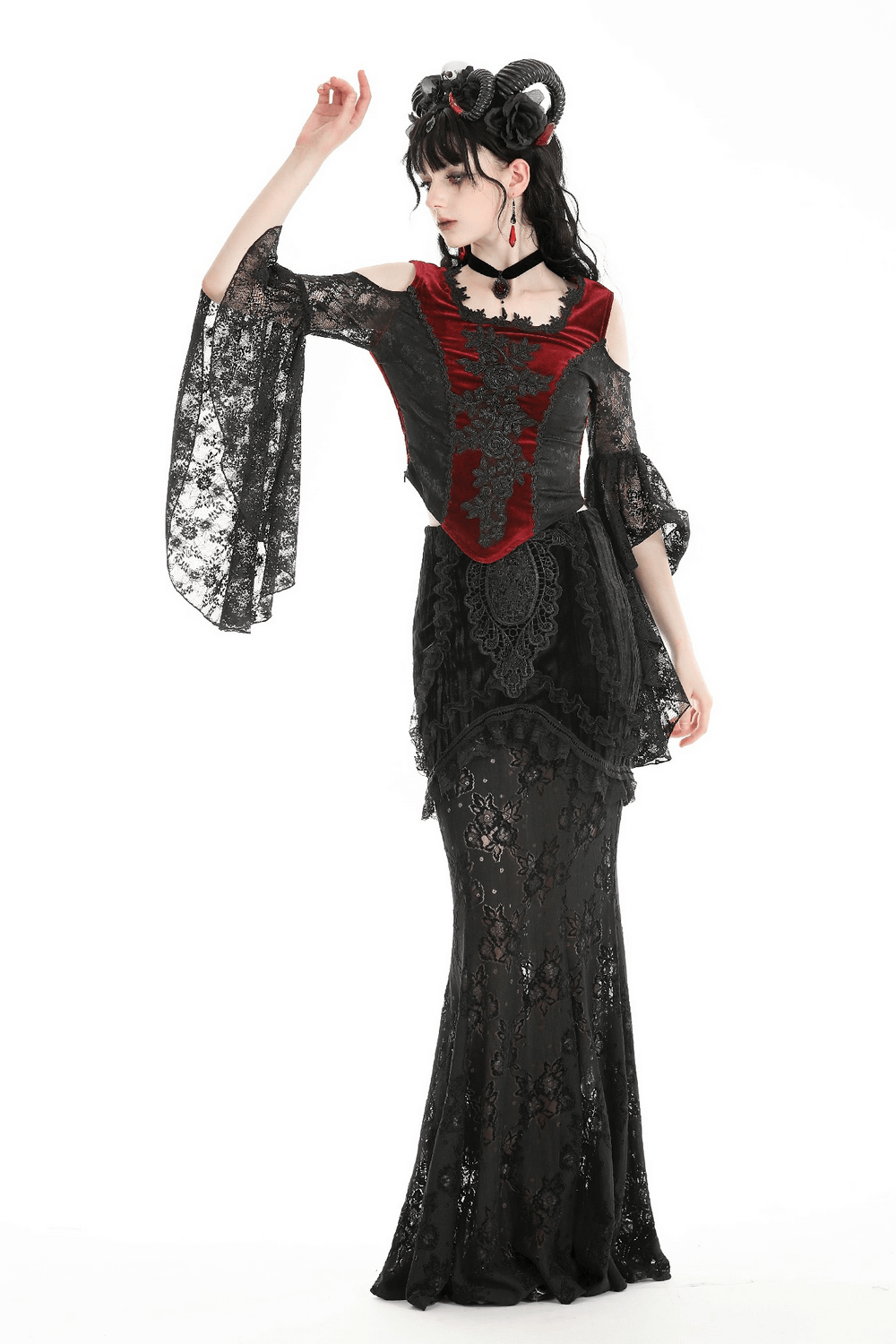 Gothic red velvet lace sleeve off-shoulder top, showcasing Victorian elegance and edgy fashion.