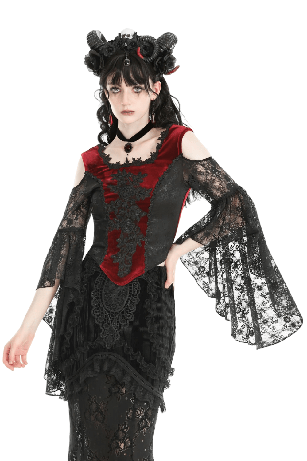Gothic red velvet lace sleeve off-shoulder top with intricate lace details and a dramatic design.