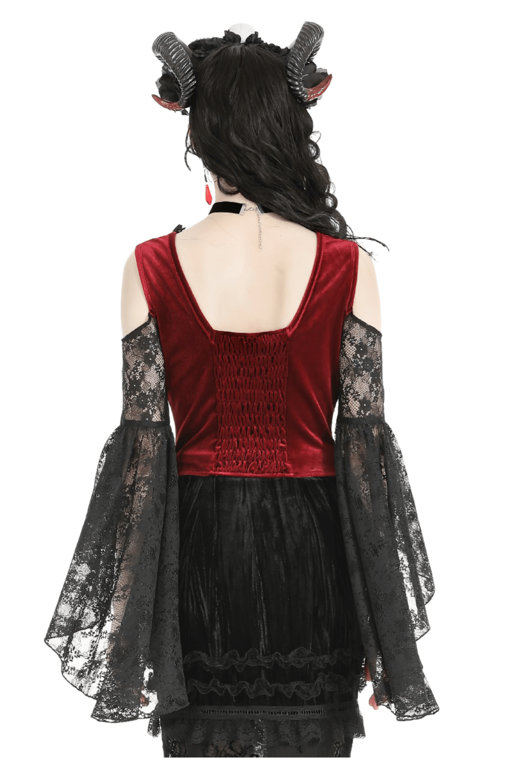 Gothic Red Velvet Lace Sleeve Off-Shoulder Top