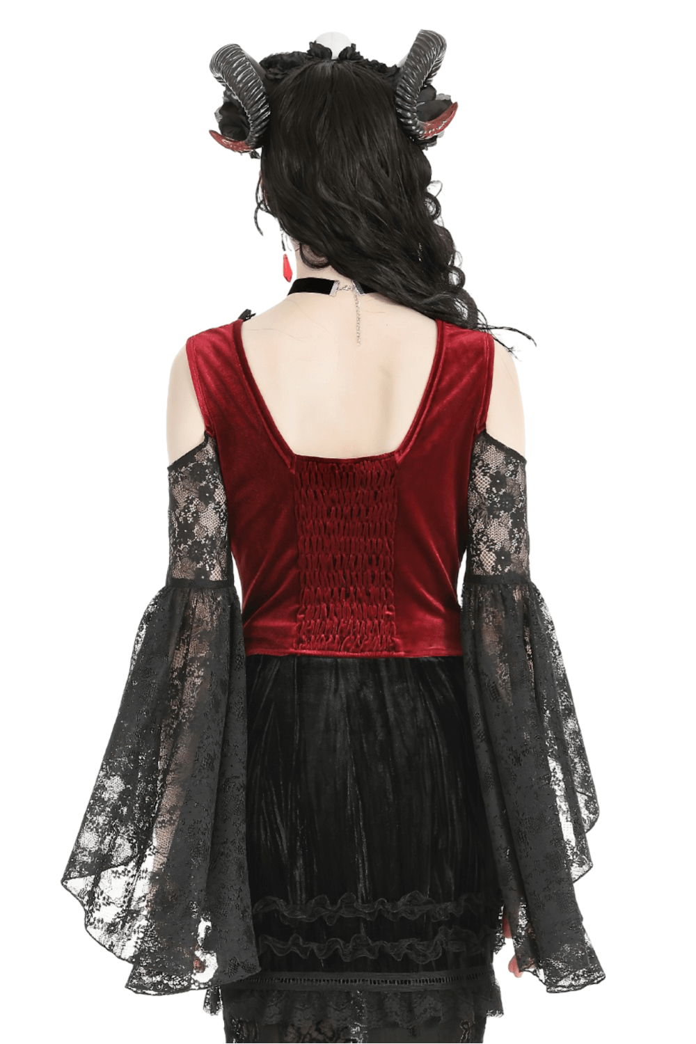Back view of Gothic Red Velvet Lace Sleeve Off-Shoulder Top showcasing elegant black lace sleeves and rich red velvet.