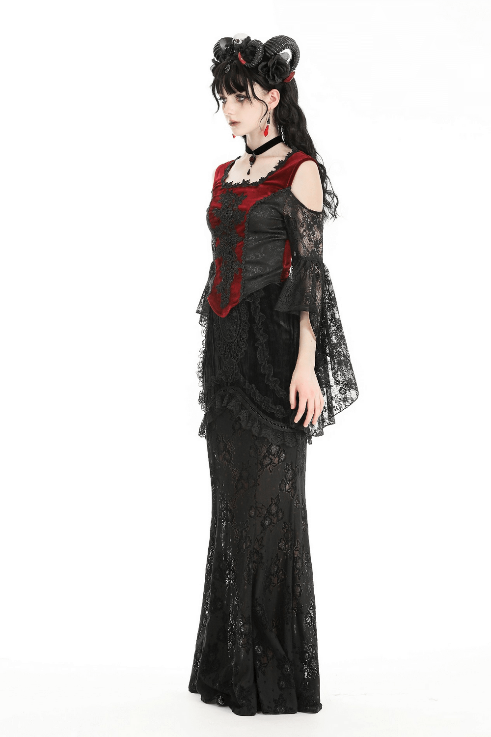 Gothic red velvet off-shoulder top with lace sleeves, perfect for Victorian-inspired fashion enthusiasts.