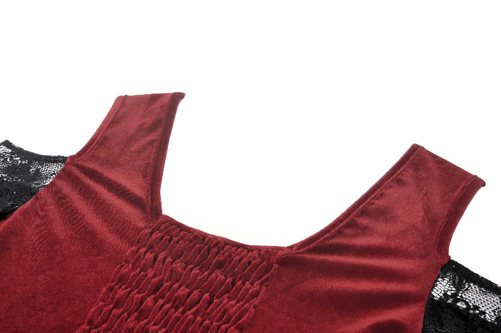 Gothic red velvet off-shoulder top with lace sleeves showcasing Victorian-inspired elegance.