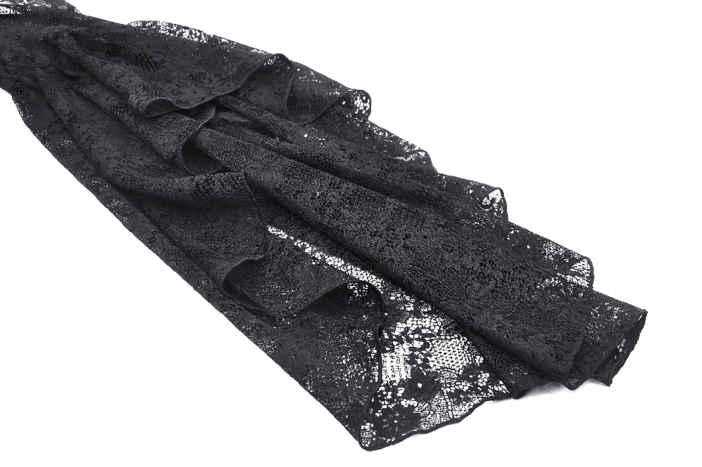 Luxurious black lace fabric, perfect for gothic fashion, showcasing intricate detailing for elegant designs.