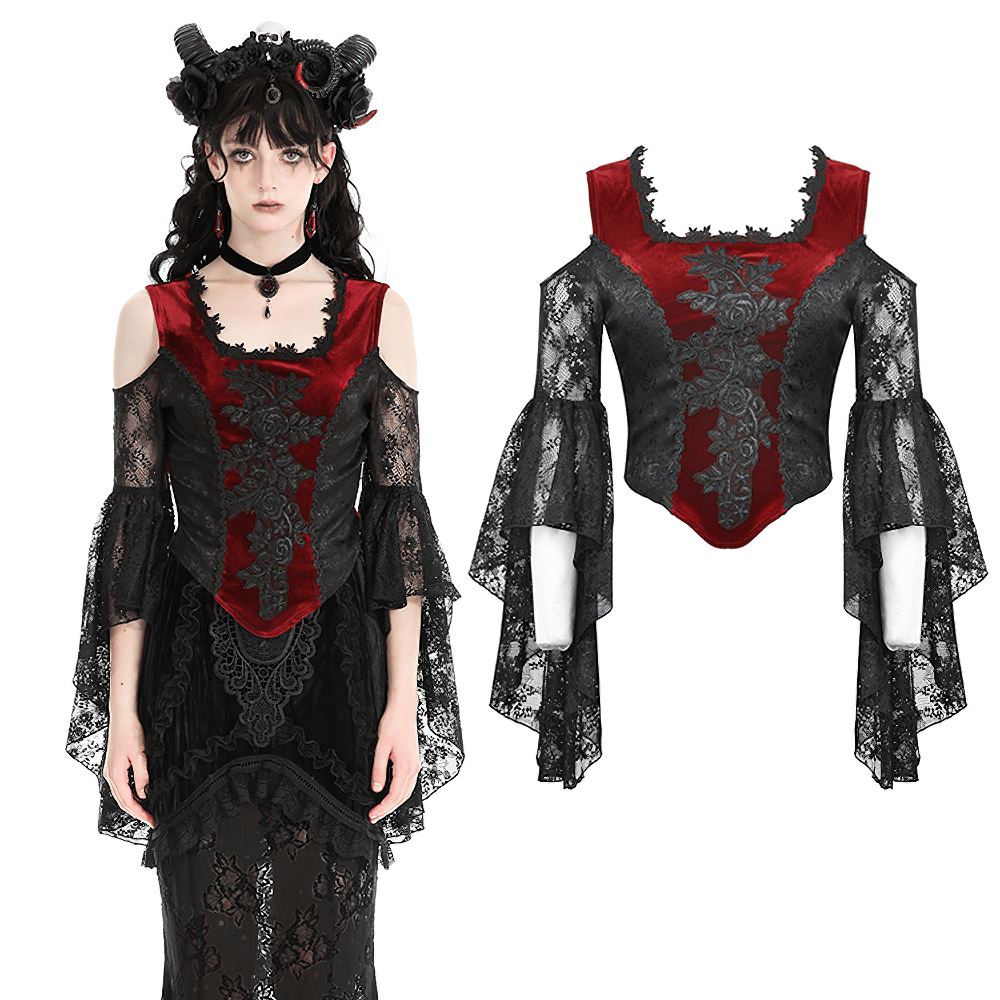 Gothic red velvet lace sleeve off-shoulder top, Victorian-inspired with elegant lace and bold red fabric.
