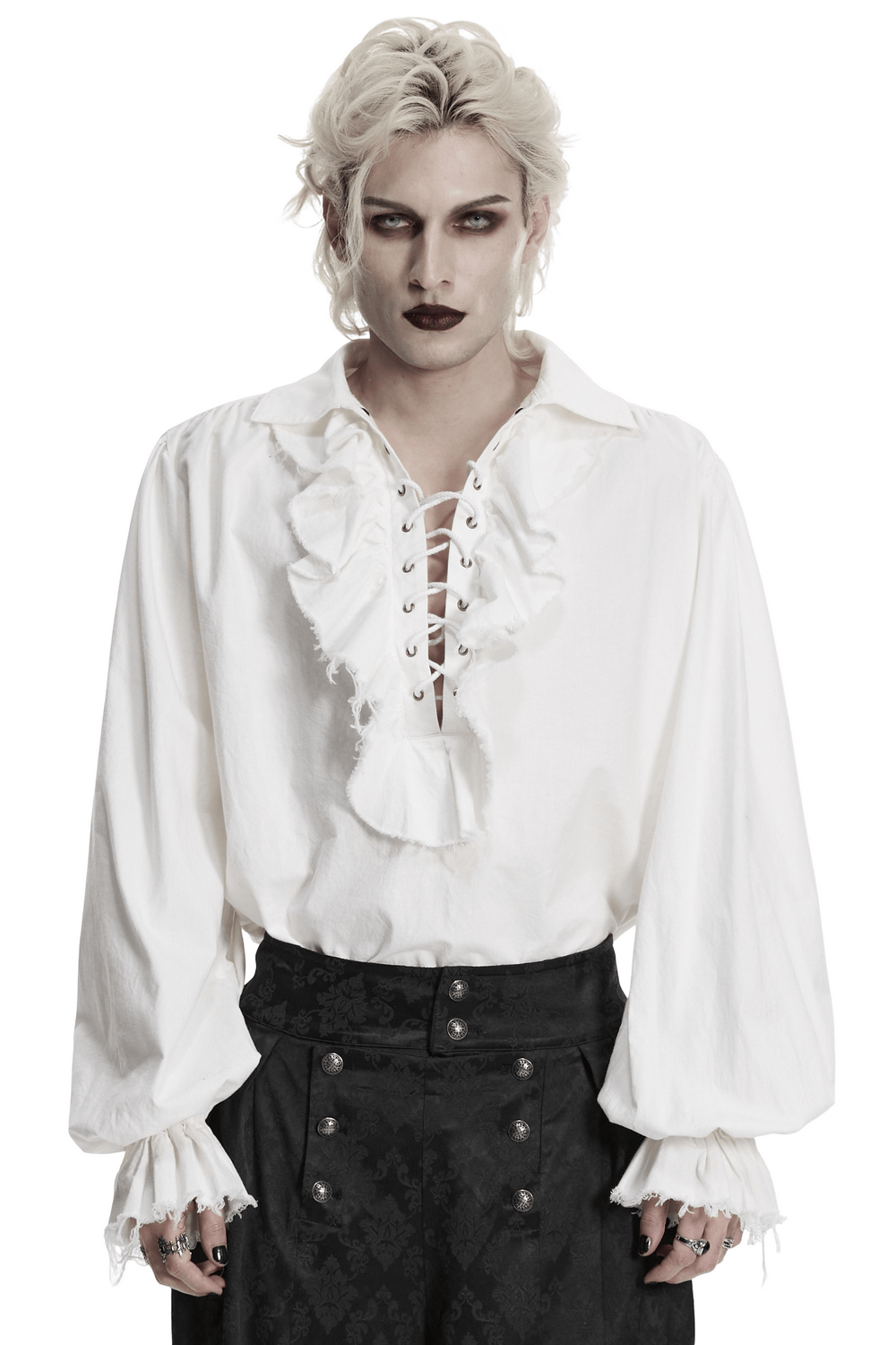 white christmas dresses Gothic Men White Shirt with Tie & Lace Frill On Cuffs / Vintage Pattern Shirts with Metal Buttons main image 0