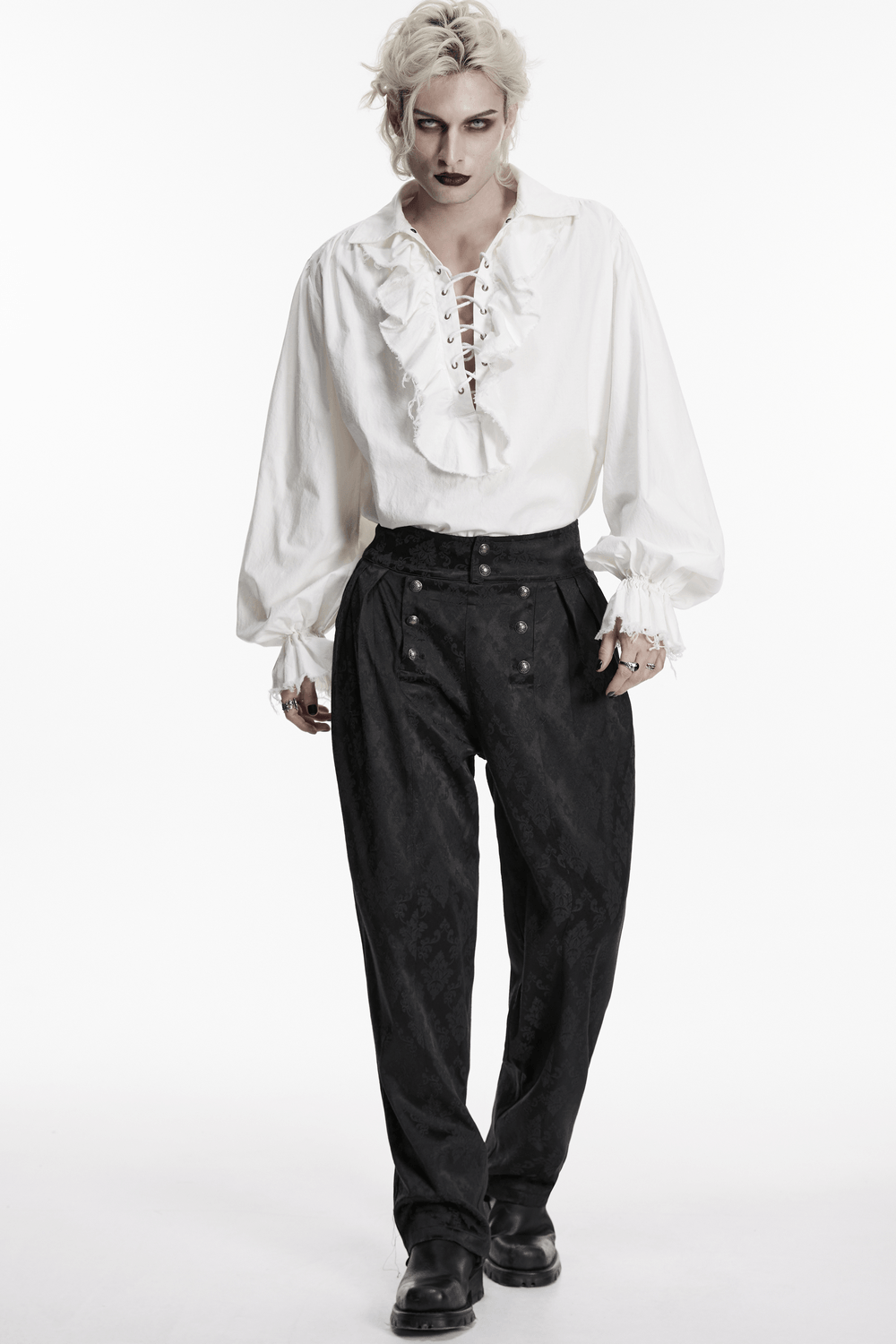 Gothic Retro Shirt with Bubble Sleeves and Ruffles worn by a model, featuring ruffles and lace-up detail.