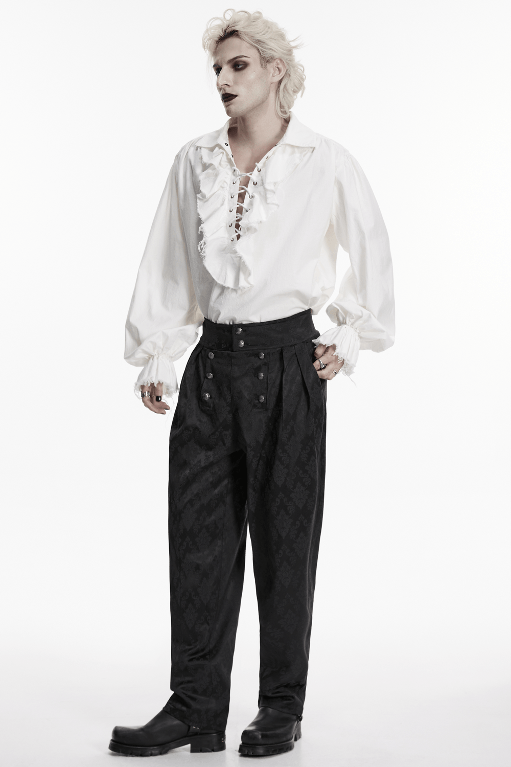 Gothic Retro Shirt with Bubble Sleeves and Ruffles styled with voluminous sleeves and ruffles for a dramatic look.