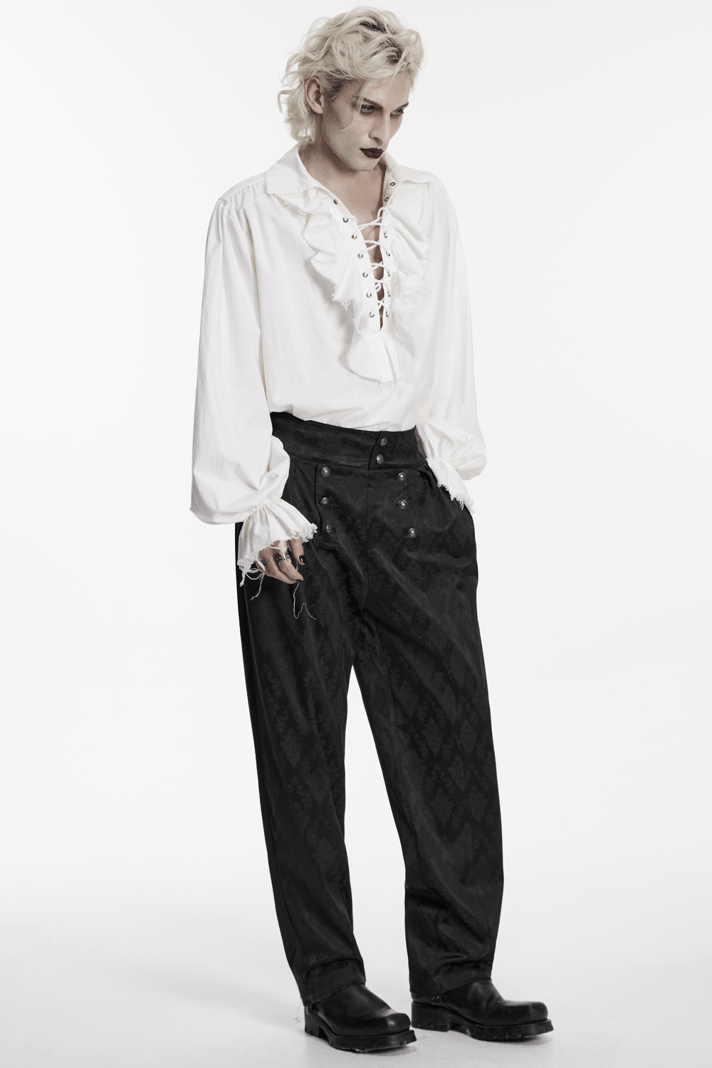Gothic Retro Shirt with Bubble Sleeves and Ruffles showcased by a model, featuring ruffles, lace-up detail, and dramatic sleeves.