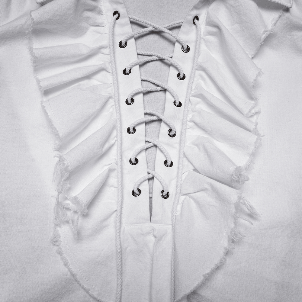 Gothic Retro Shirt with Bubble Sleeves and Ruffles, featuring a detailed lace-up front and ruffled panel for a dramatic look.