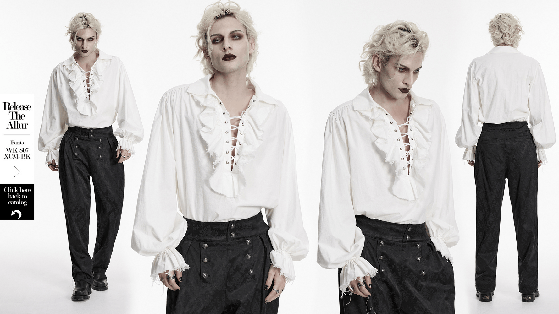 Gothic Retro Shirt with Bubble Sleeves and Ruffles worn by model, showcasing ruffles and lace-up design.