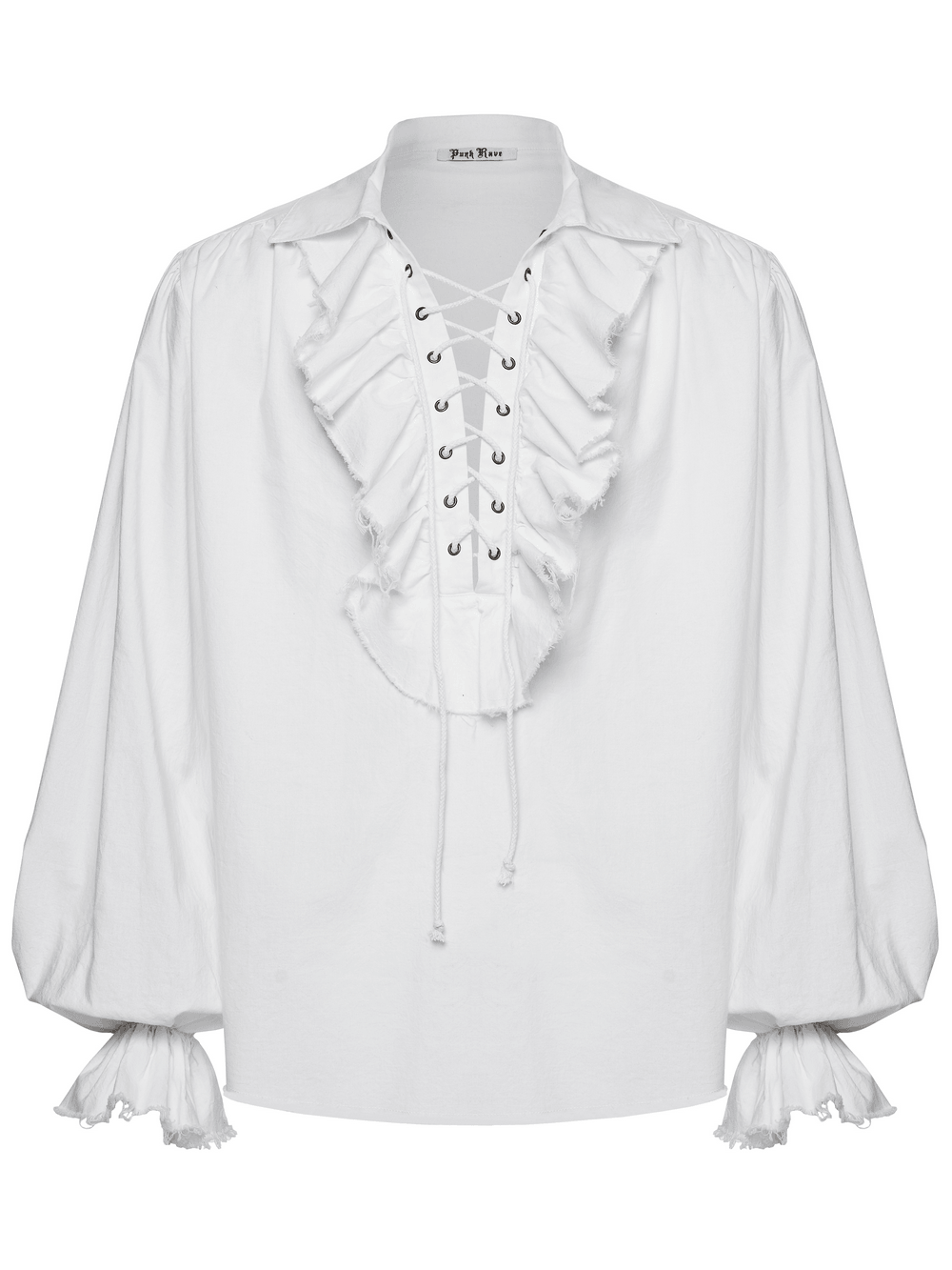 Gothic Retro Shirt with Bubble Sleeves and Ruffles featuring ruffled front and lace-up detail.