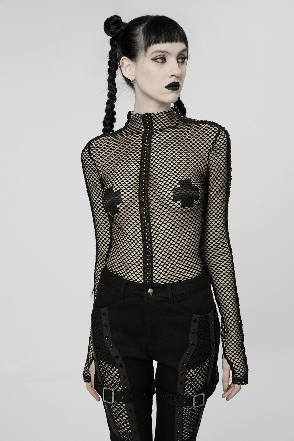 Edgy Gothic Rhombus Mesh High-Neck Top with sheer design and stylish webbing accents for a punk look.