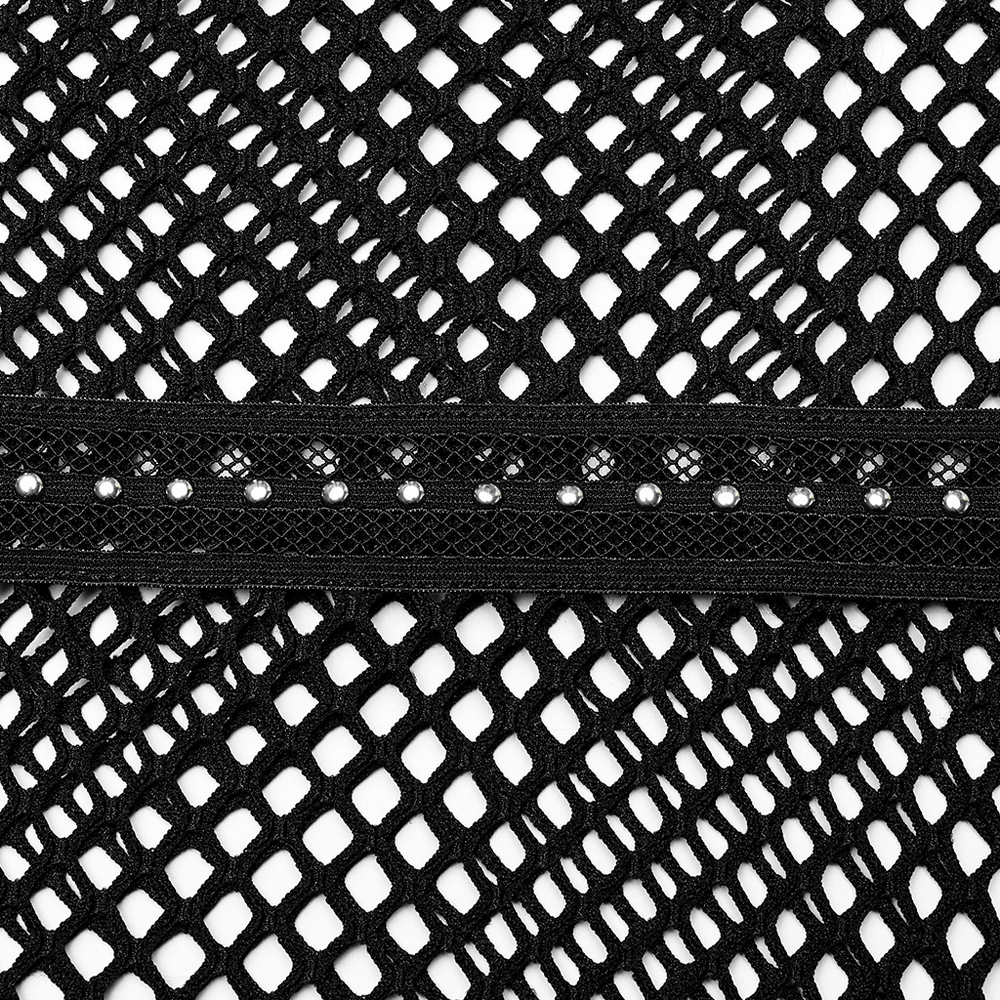 Close-up of gothic rhombus mesh fabric featuring stylish webbing and decorative accents for a bold, edgy look.