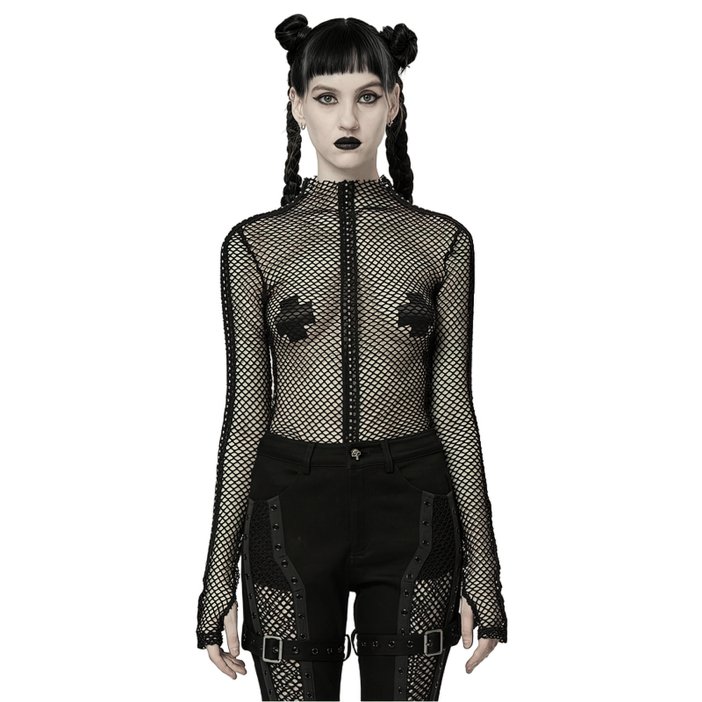 Gothic Rhombus Mesh High-Neck Top for Edgy Style - HARD'N'HEAVY