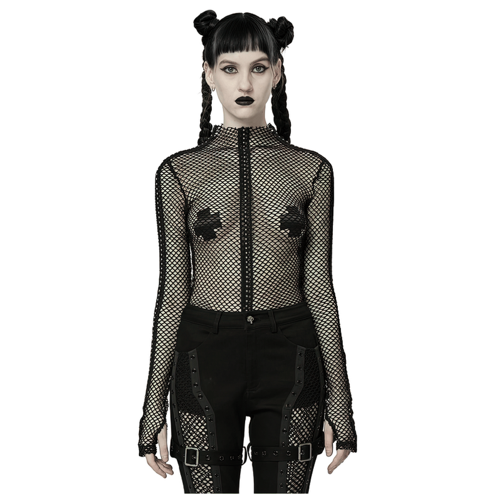 Gothic Rhombus Mesh High-Neck Top on model showcasing edgy punk style with mesh accents and form-fitting design.