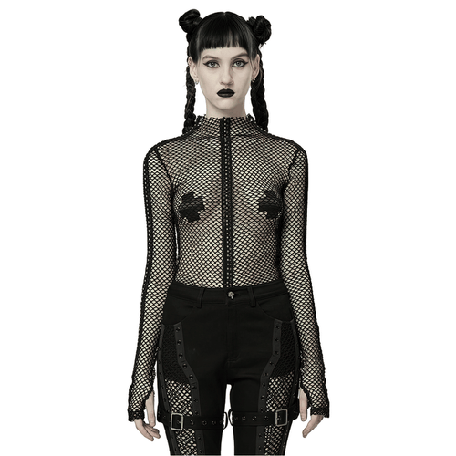 Gothic Rhombus Mesh High-Neck Top for Edgy Style