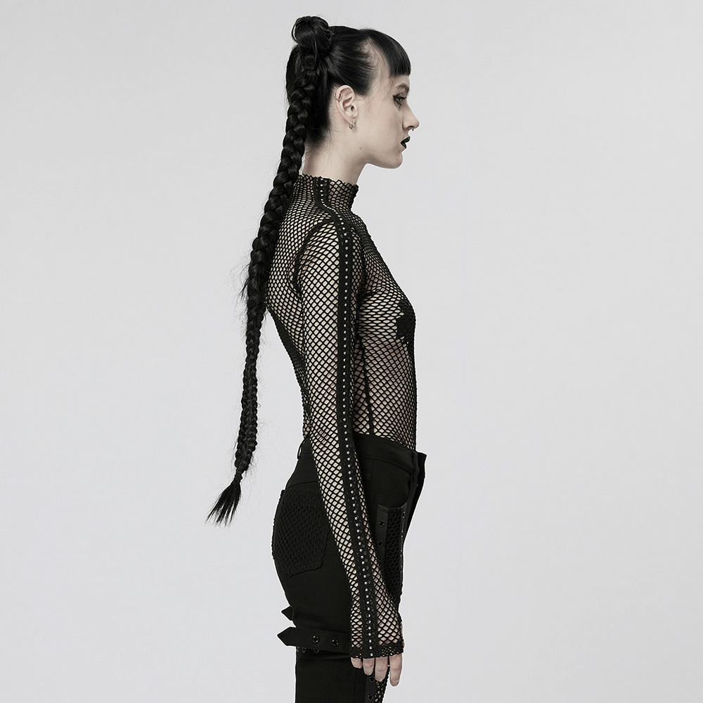 Gothic Rhombus Mesh High-Neck Top showcased on a model, highlighting its edgy, sheer design and fitted silhouette.