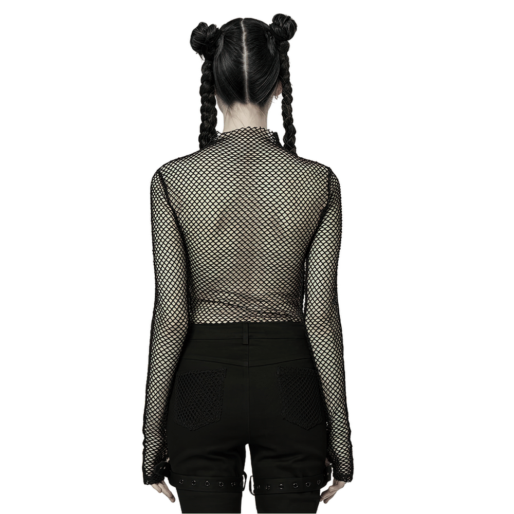 Back view of a model in a Gothic Rhombus Mesh High-Neck Top paired with edgy black shorts.