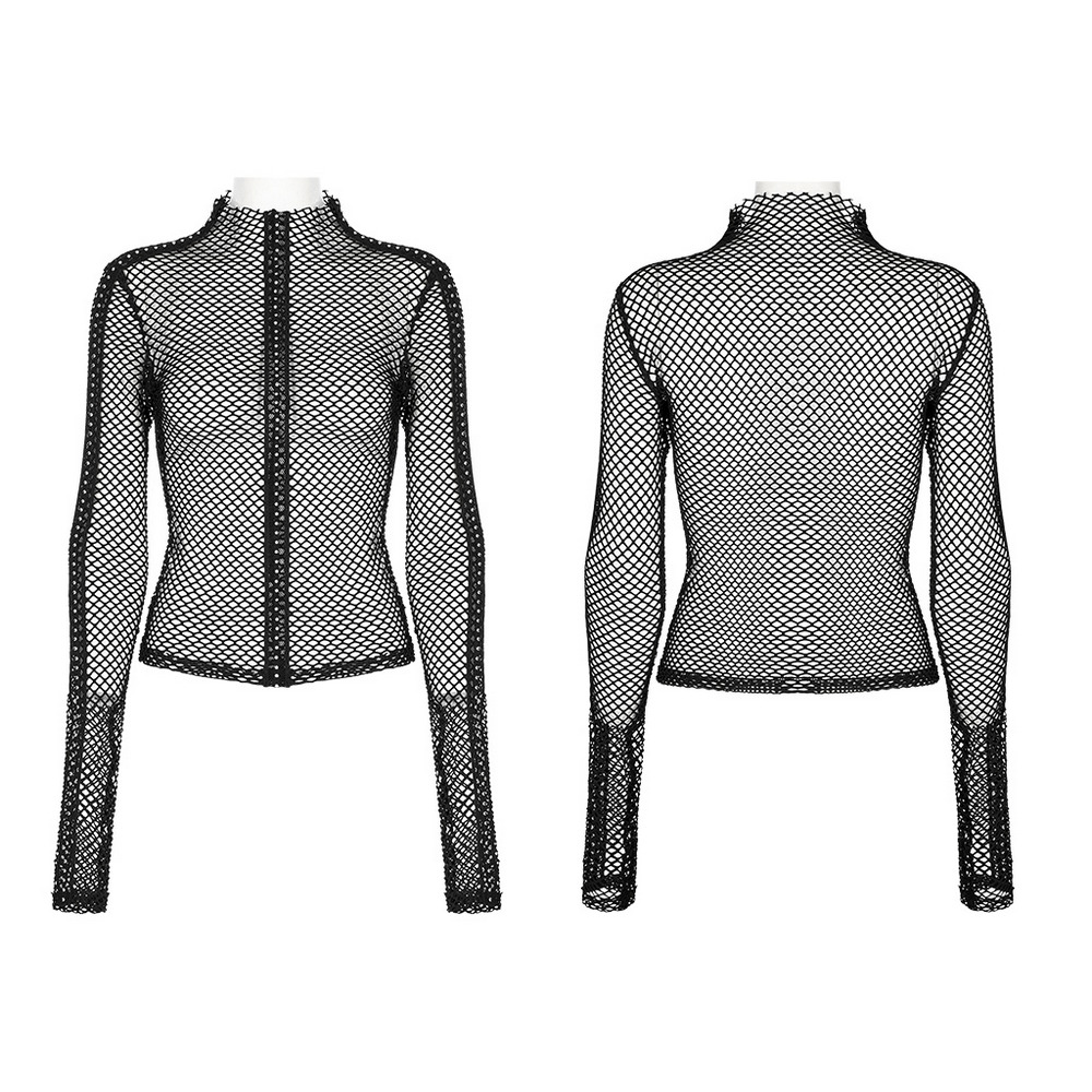 Gothic rhombus mesh high-neck top in black, featuring a fitted silhouette and long sleeves for a punk-inspired look.