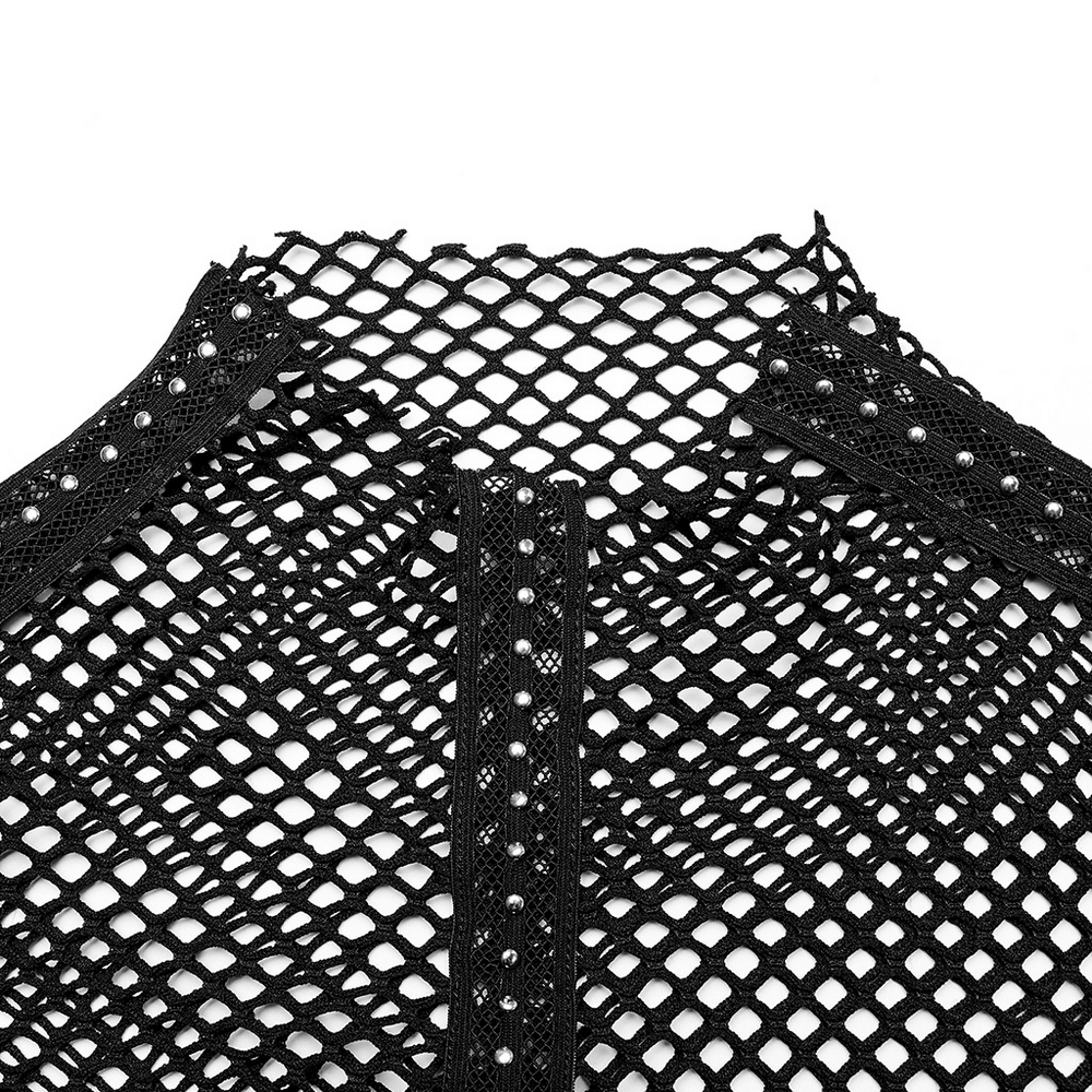 Close-up of Gothic rhombus mesh top showcasing intricate black netting and stylish studded accents for an edgy look.