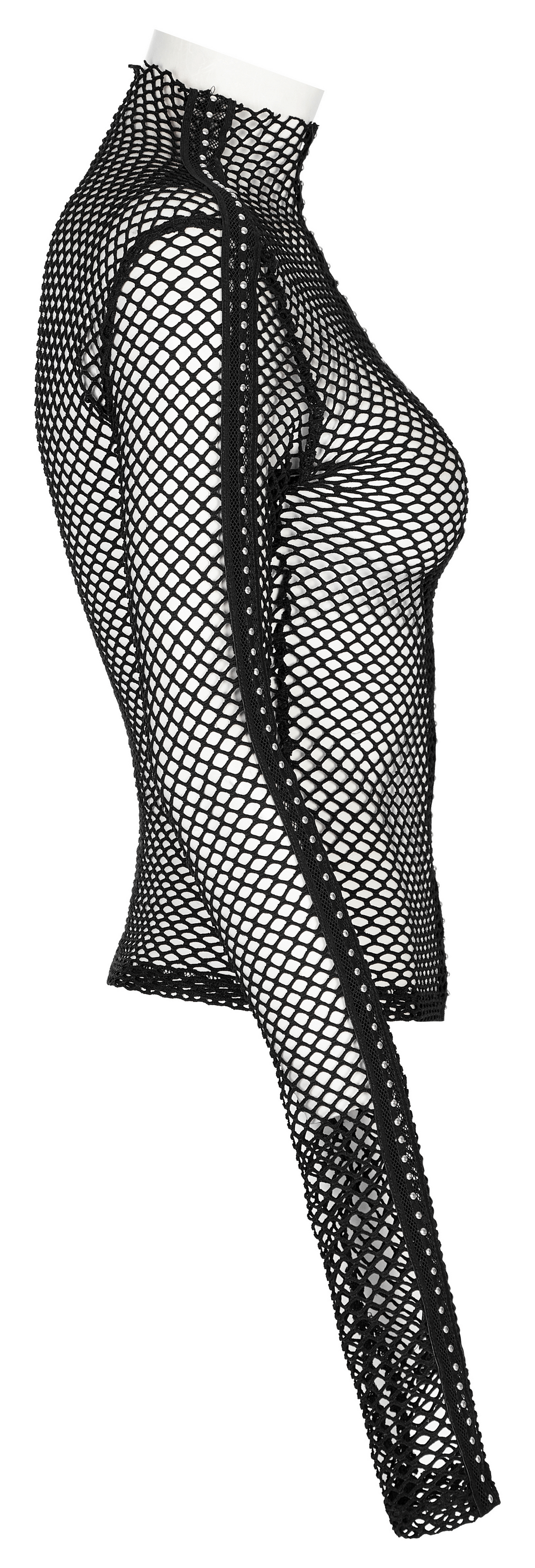 Gothic Rhombus Mesh High-Neck Top showcasing punk style with sheer diamond mesh and fitted silhouette.