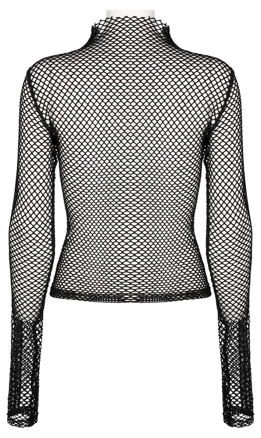 Back view of Gothic Rhombus Mesh High-Neck Top in black, showcasing stretchy net design and sleek fitted silhouette.
