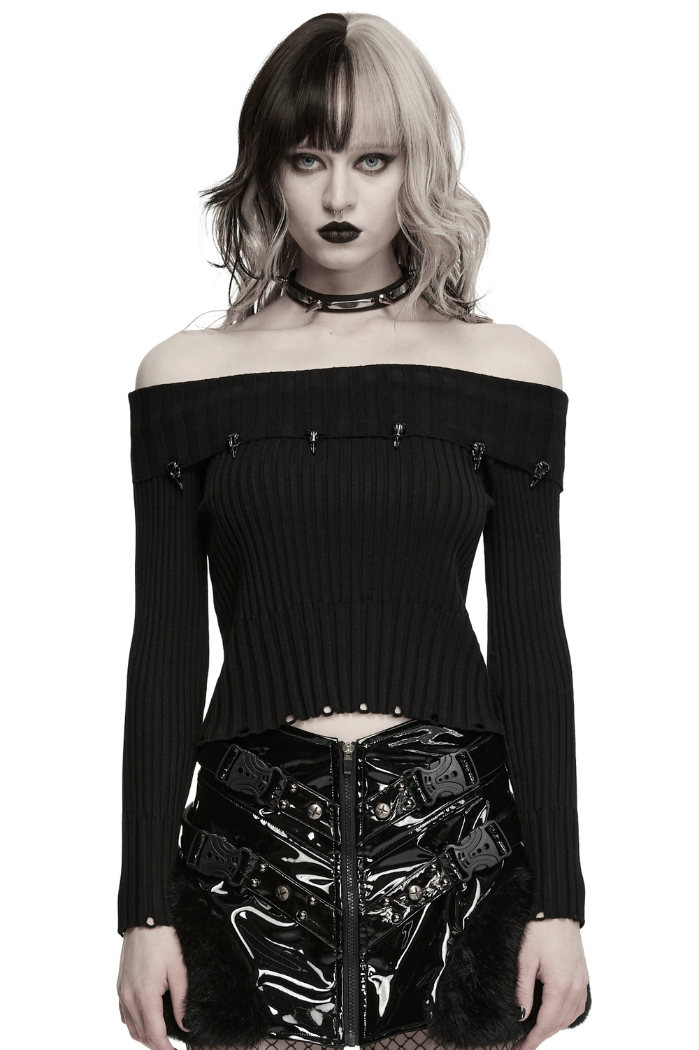 Gothic Ribbed Off Shoulder Crow Detail Sweater showcased on model with edgy makeup and dark fashion.