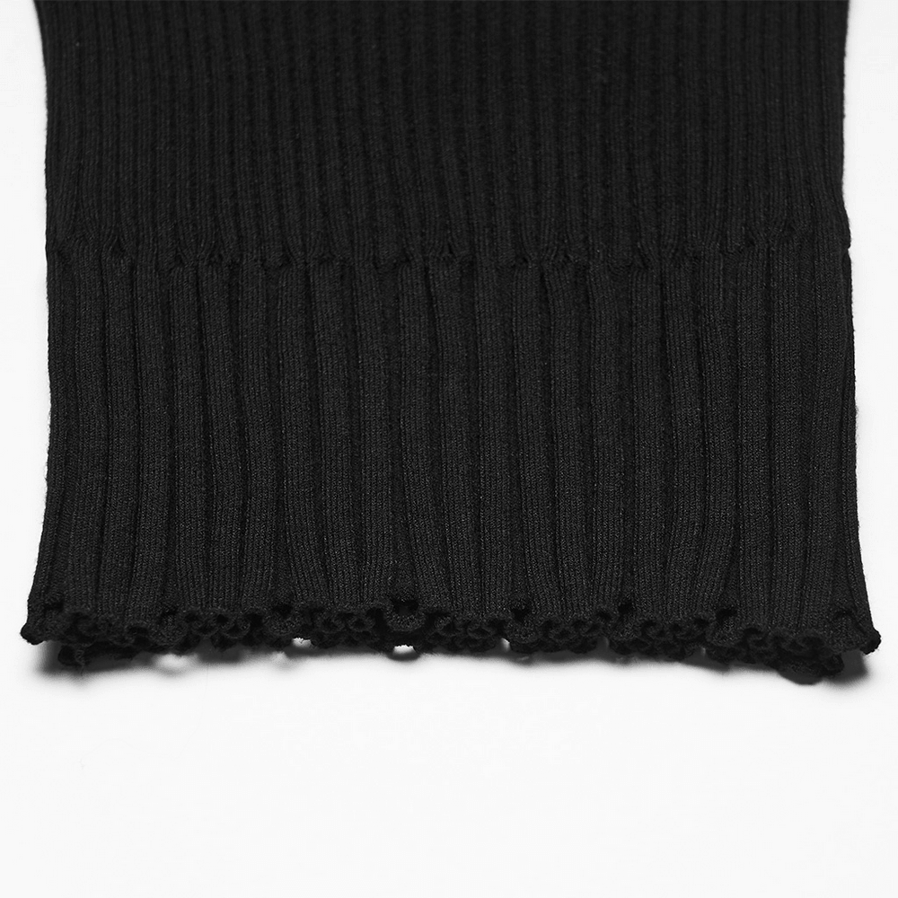 Close-up of the Gothic Ribbed Off Shoulder Crow Detail Sweater's ribbed texture and distressed edging.