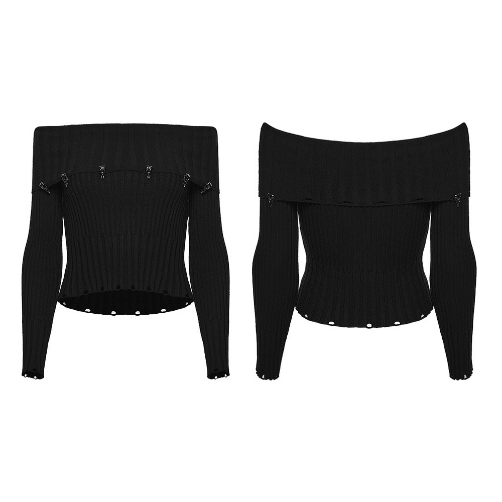 Gothic Ribbed Off Shoulder Crow Detail Sweater featuring metal crow accents and a bold off-shoulder design.