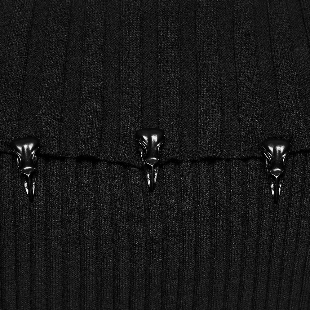 Gothic Ribbed Off Shoulder Crow Detail Sweater with metal crow accents and ribbed texture.