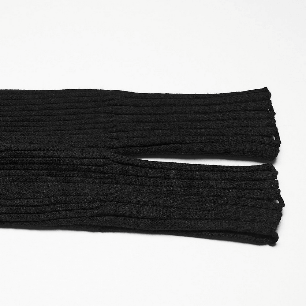 Gothic Ribbed Off Shoulder Crow Detail Sweater rib-knit fabric close-up showing vertical texture and stretch.