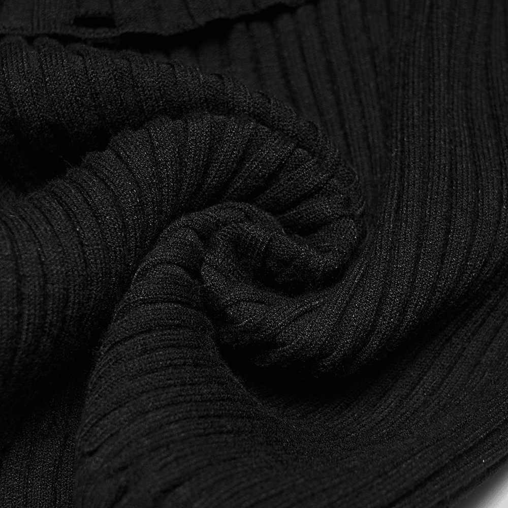 Gothic Ribbed Off Shoulder Crow Detail Sweater close-up showing black rib-knit texture and flexible fabric.