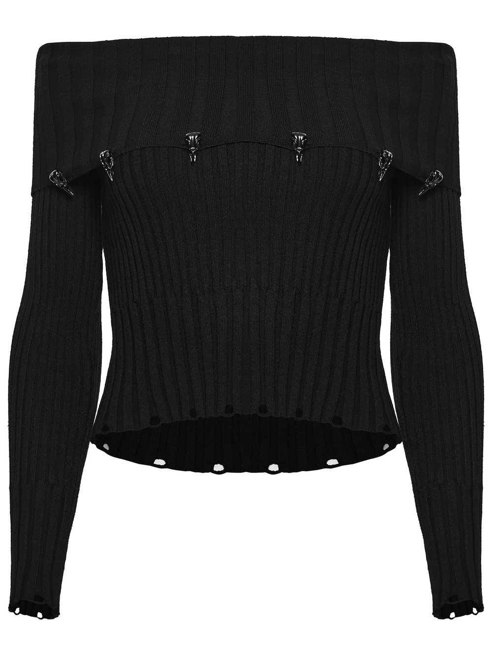 Gothic Ribbed Off Shoulder Crow Detail Sweater with metal crow accents and ribbed texture