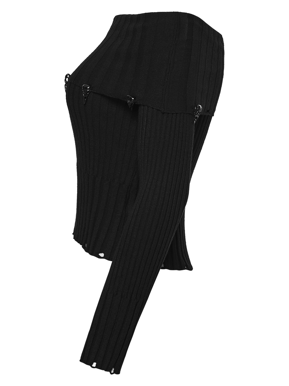 Gothic Ribbed Off Shoulder Crow Detail Sweater featuring metal crow accents and a stylish rib-knit design.