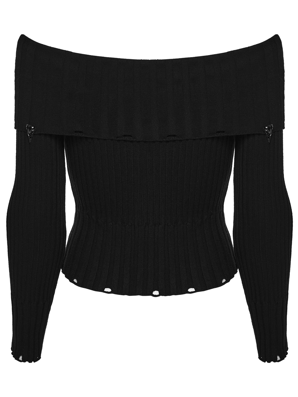 Gothic Ribbed Off Shoulder Crow Detail Sweater featuring rib-knit fabric and crow head accents.