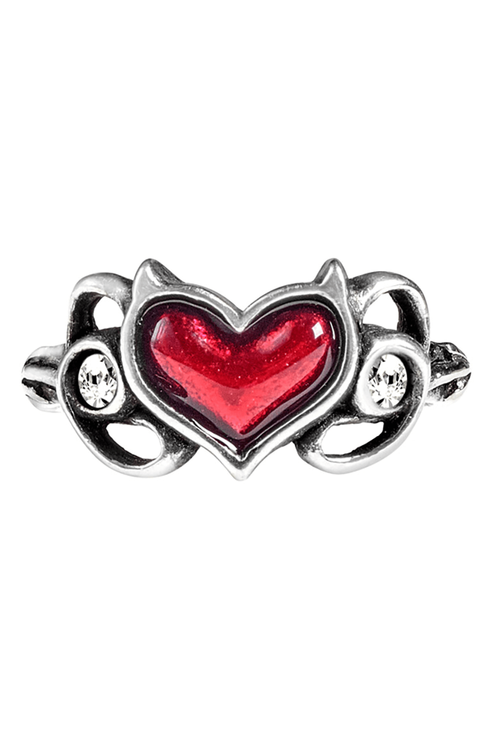 Gothic ring with red enamel heart and Austrian crystals, perfect for lovers of dark and rebellious fashion.