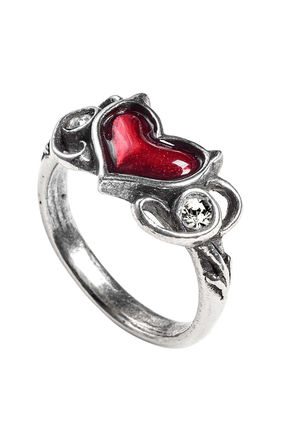 Gothic ring featuring a red enamel heart and Austrian crystals, perfect for dark and rebellious styles.