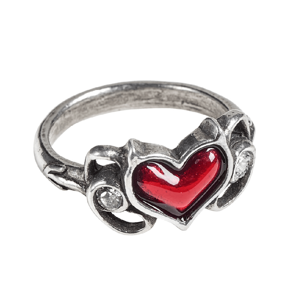 Gothic ring featuring a blood-red enamel heart and sparkling Austrian crystals in intricate pewter design.